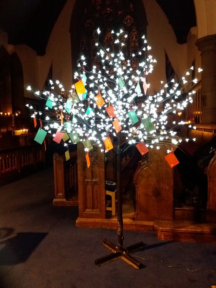 Remembrance tree lit with lights and name tags